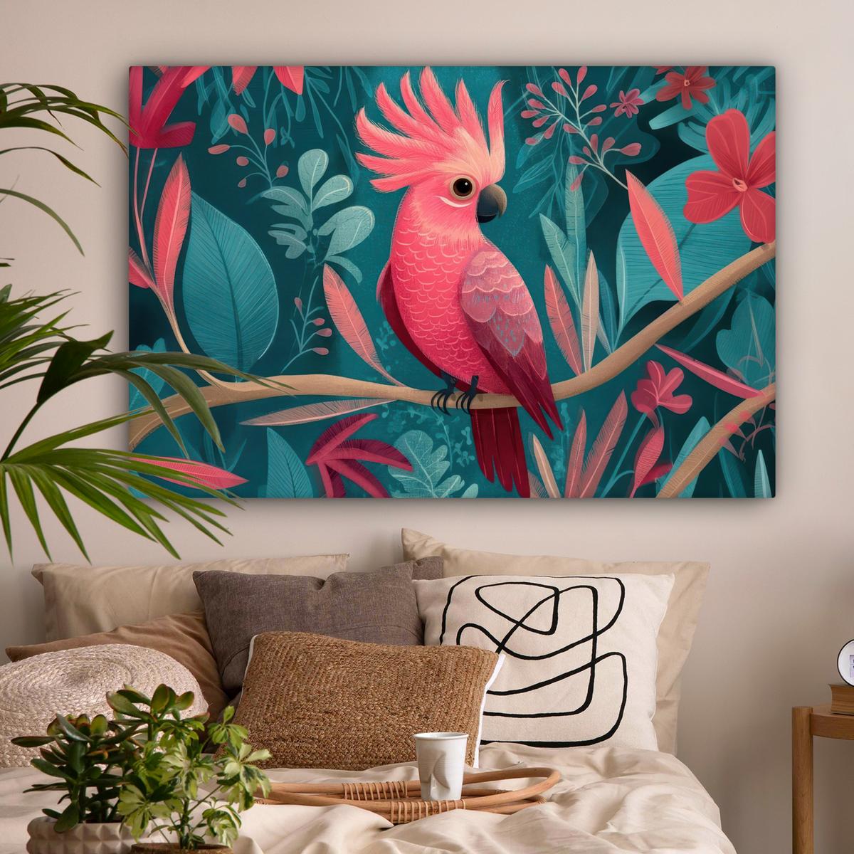 LEINWANDBILD Kakadu - Tropische Blätter - Zweig Wohnzimmer Groß 120x80 cm - Petrol, Textil (120/80cm) - MuchoWow