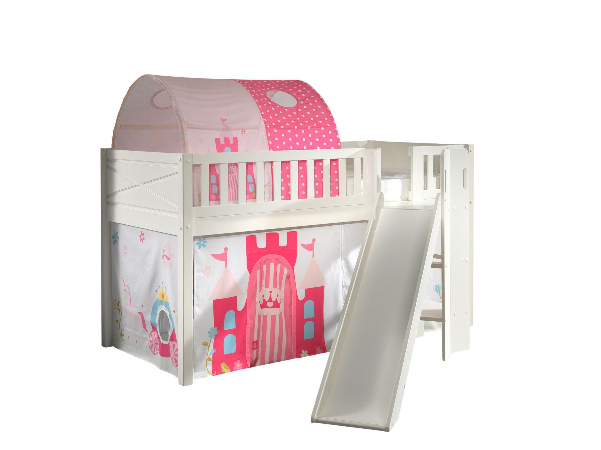 HOCHBETT mit Rutsche Karyl Massivholz Weiß Textilset Princess 2 - Magenta/Weiß, Holz (90/200cm) - 58aufmkessel