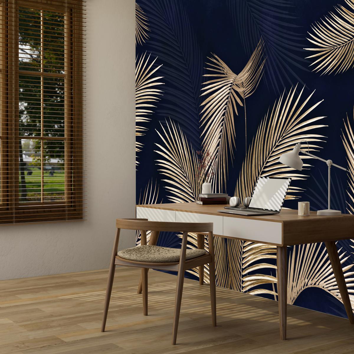 FOTOTAPETE für Büro Palmenblätter auf dunklem Hintergrund Natur Pflanzen 450x315 - Blau/Gelb, Papier (450/315cm) - Muralo