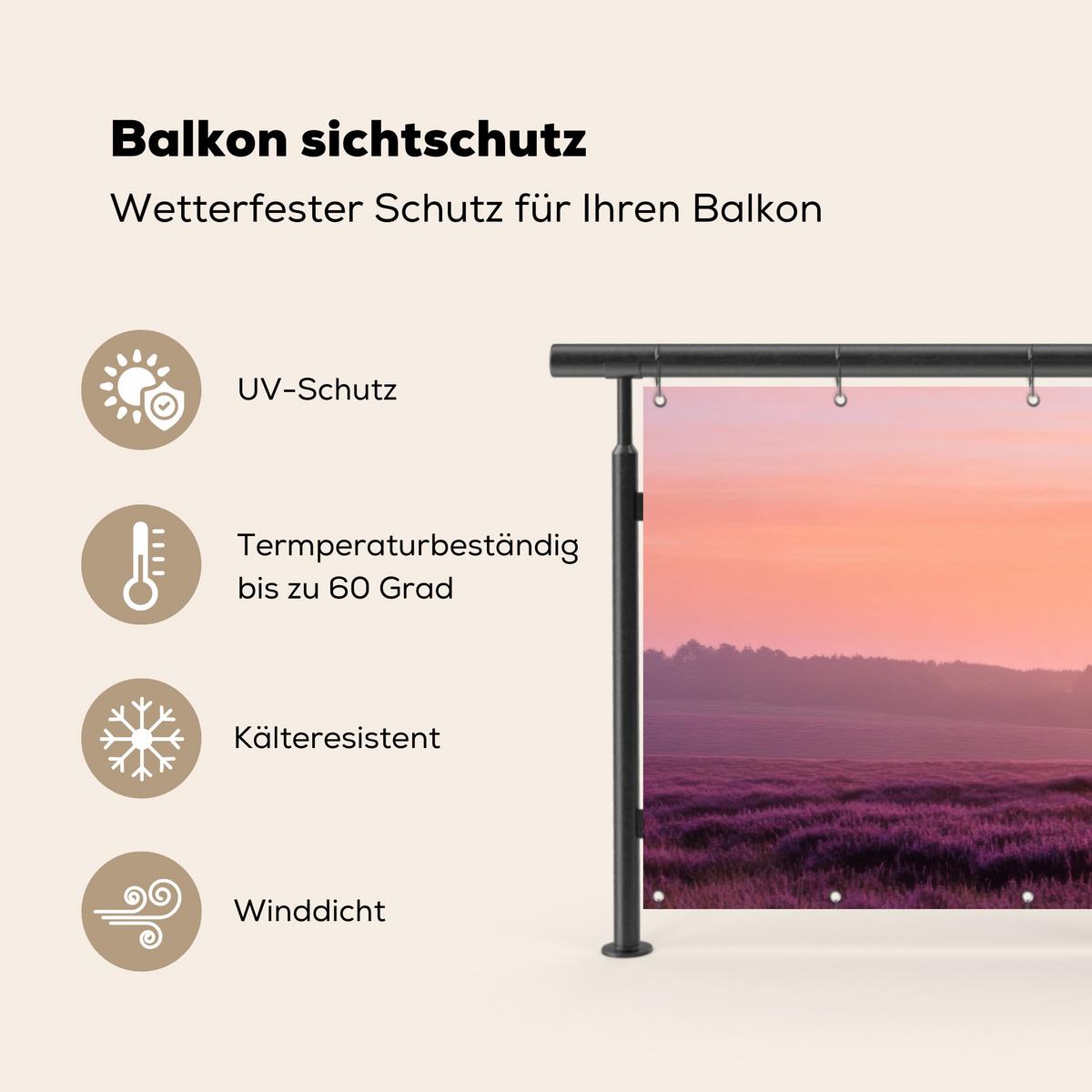 BALKON-SICHTSCHUTZ Baum - Heidekraut - Sonnenaufgang Witterungsbeständig 200x90 cm - Flieder, Kunststoff (200/90cm) - MuchoWow