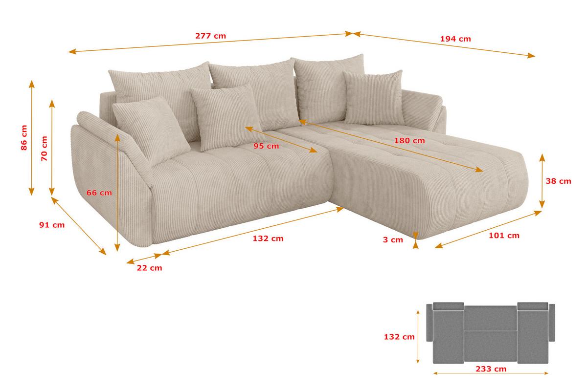ECKSOFA mit Schlaffunktion Ottomane Rechts TOKO-L 277x194x86 Beige Cord - Beige/Schwarz, Holzwerkstoff/Kunststoff (277/194cm) - ALTDECOR