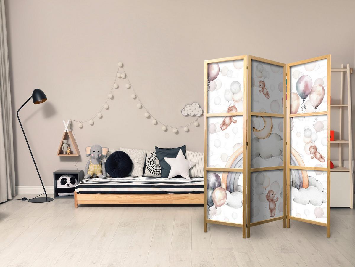 PARAVENT Japanischer 3-tlg 135x172 cm Teddyb ren und Ballons - Multicolor, Holz/Textil (135/172/3cm) - Muralo