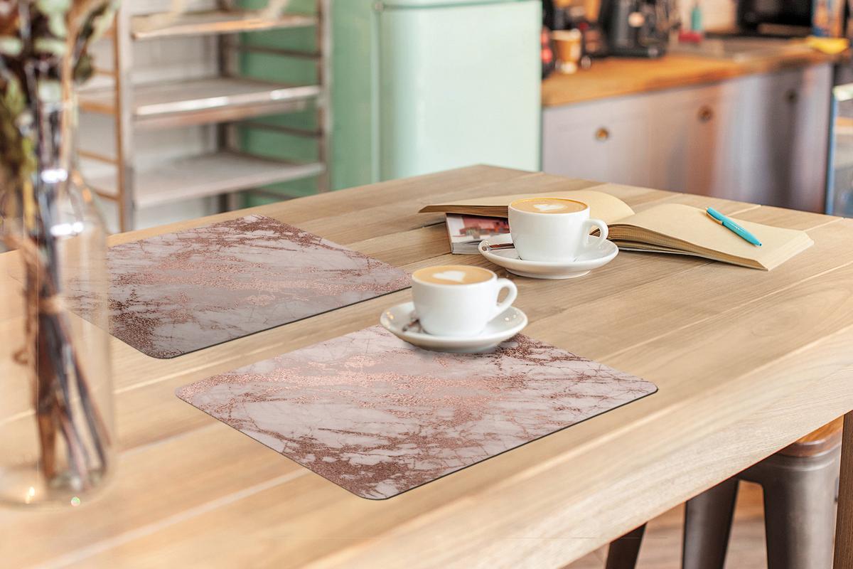 PLATZSETS 6er-Set Marmor - Rosa - Luxus - Marmoroptik - Glitzer - Design Telleruntersetzer 45x30 cm - Roségold, Kunststoff (0.3/45/30cm) - MuchoWow