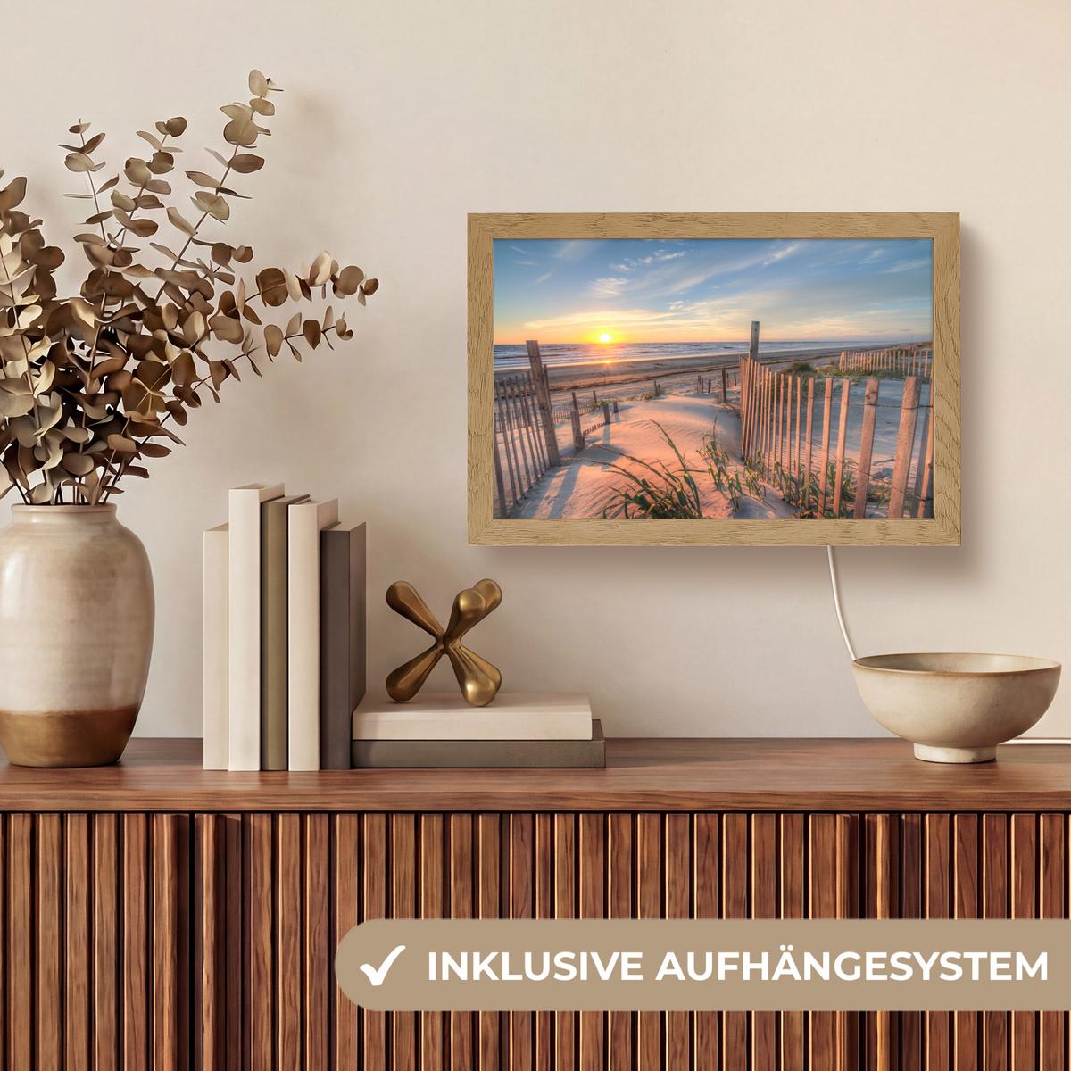 TISCHLEUCHTE Strand - Meer - Düne - Sonnenuntergang - Landschaft 30x20 cm - Creme, Holzwerkstoff (8/30/20cm) - OnlyWow