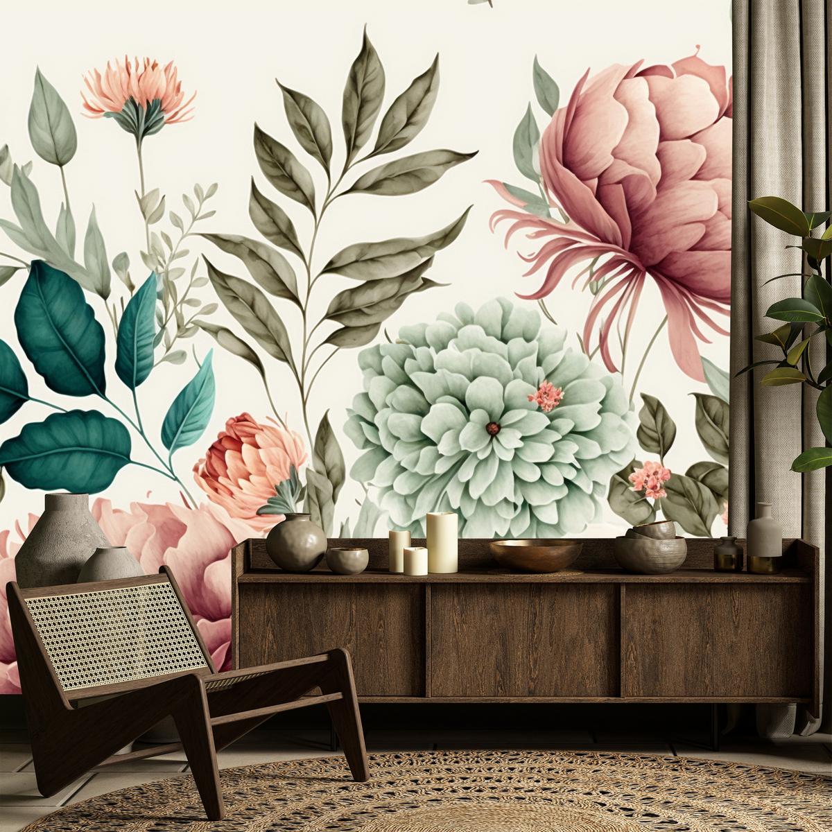 FOTOTAPETE für Schlafzimmer Pastell Pfingstrosen Blüten Blätter 200x140 - Türkis/Blau, Papier (200/140cm) - Muralo