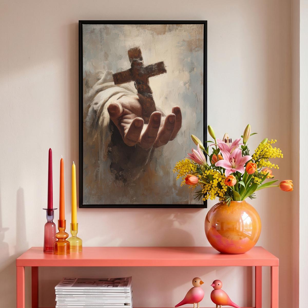 LEINWAND Bilder mit Rahmen - Abstrakt - Kreuz - Hand - Christentum - 40x60 - Hellbraun, Textil (40/60cm) - MuchoWow