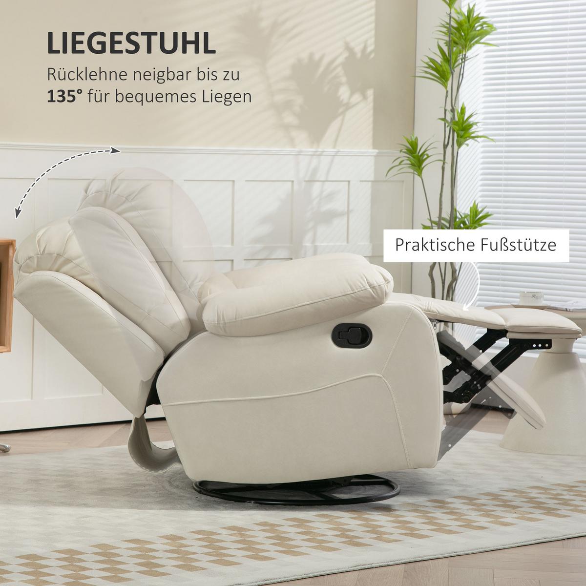 RELAXSESSEL Fernsehsessel mit Liegefunktion, Fußstütze für Wohnzimmer Creme - Creme/Schwarz, Textil/Metall (100/98/93cm) - HOMCOM