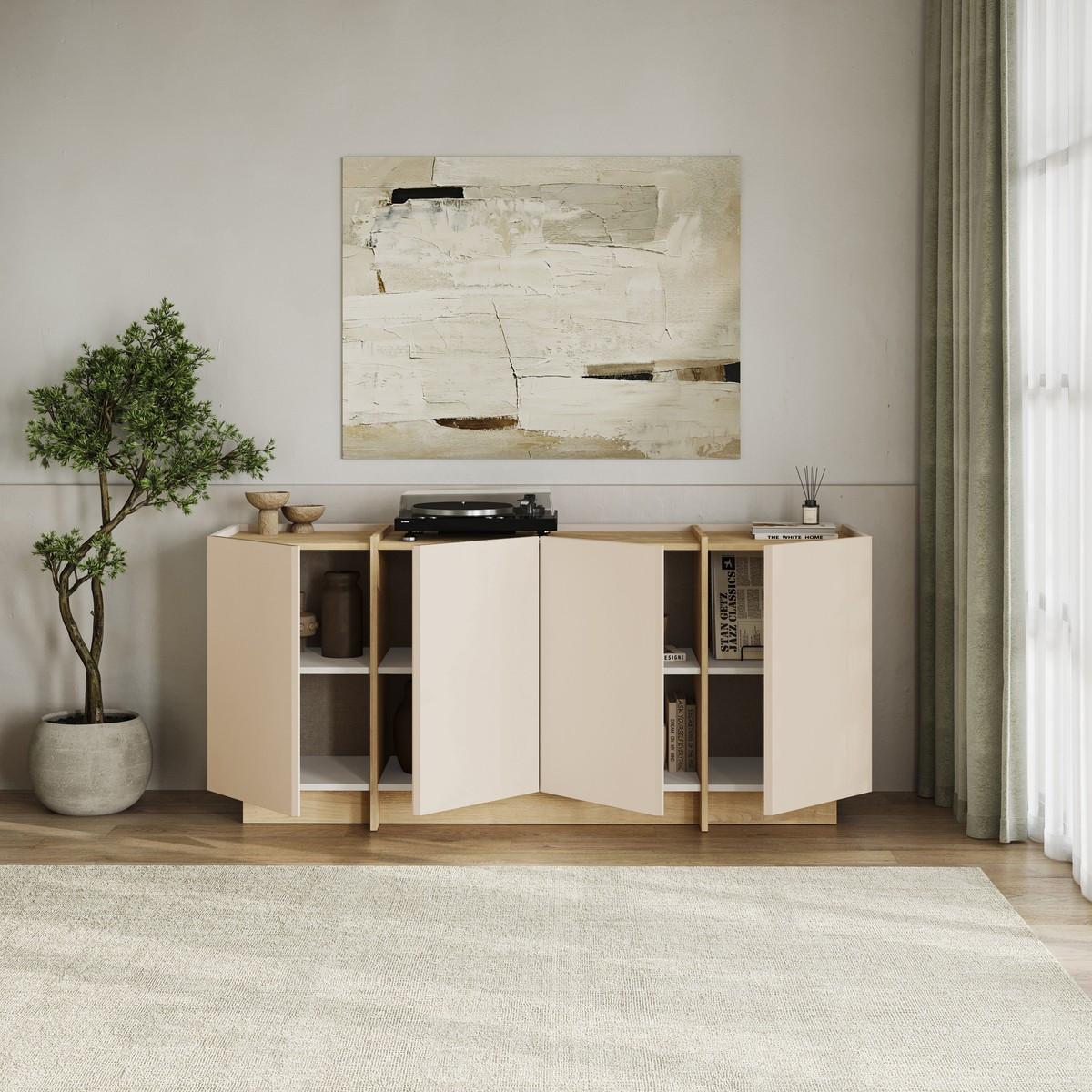 SIDEBOARD mit 4 Türen, Dekor in Kaschmir und Eiche-dekor 180/45/80 cm - Beige, Holzwerkstoff (45/80/44cm) - Calicosy