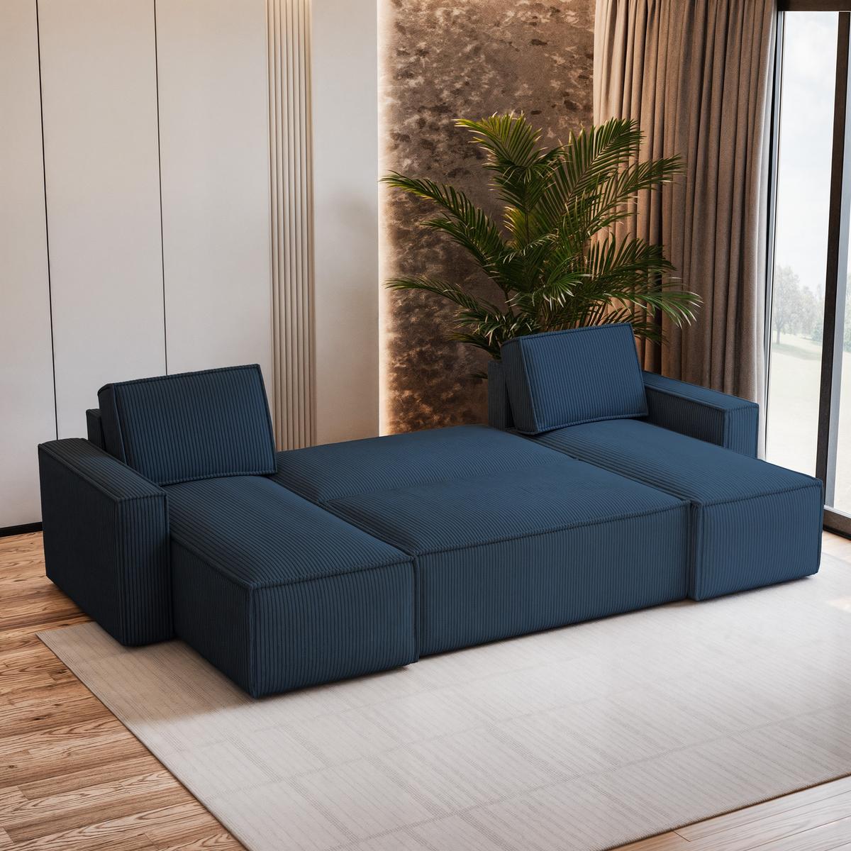 WOHNLANDSCHAFT PESANO P Blau Kordstoff mit Schlaffunktion - Blau/Grau, Holz/Kunststoff (306/85/140cm) - MASSENO