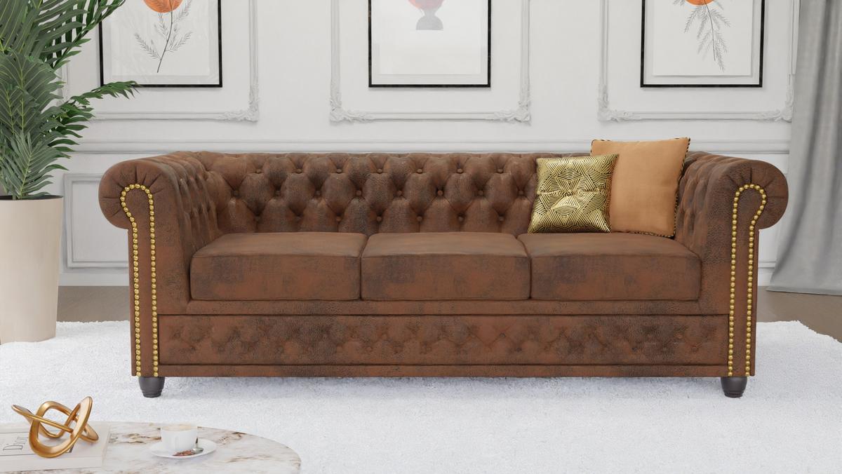CHESTERFIELD-SOFA 3-sitzer Flux Braun Microfaser Vintageoptik - Braun, Holz/Textil (203/72/86cm) - S-Style Möbel