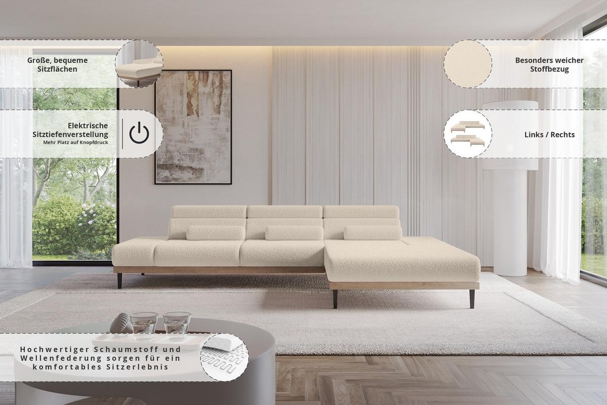 ELEKTRISCHES ECKSOFA Rechts MONA 316x205x85 Dunkelbeige Bouclé - Cappuccino, Holzwerkstoff/Textil (316/205cm) - ALTDECOR
