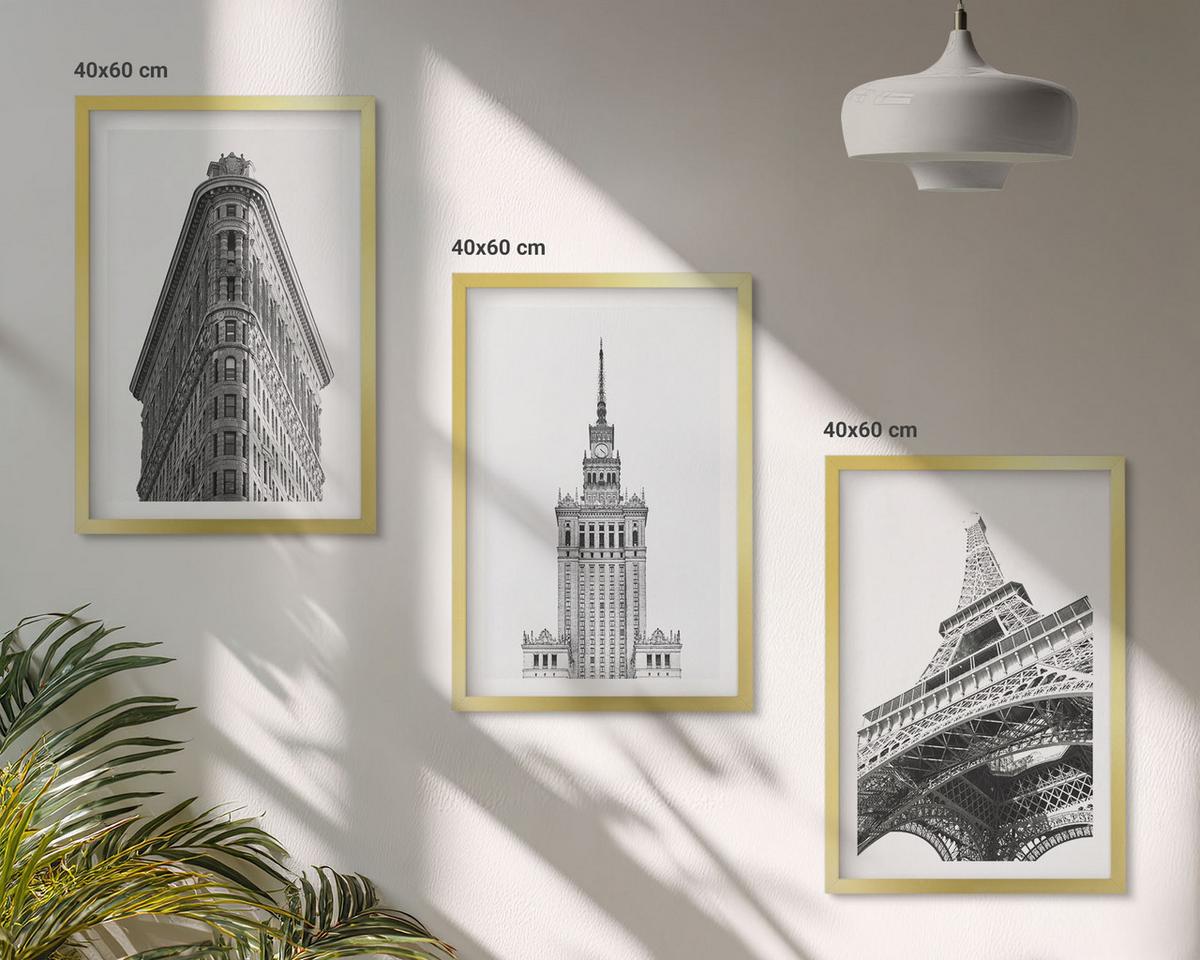 BILDER SET 3er Set - 40x60 cm Goldrahmen - Architektonische Schwarz-Weiß-Gebäude - Goldfarben, Kunststoff (40/60cm) - TULUP