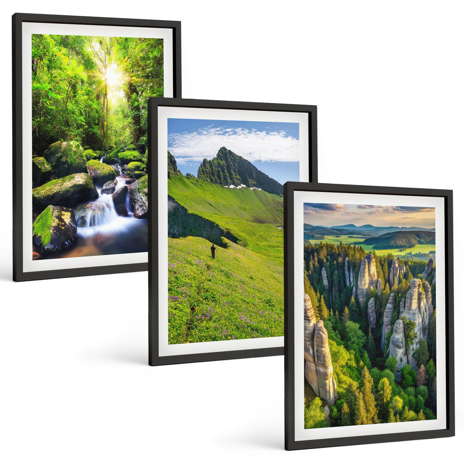 BILDER SET 3er Set - 40x60 cm Schwarzer Rahmen - Grüne Berge Wasserfallwald - Schwarz, Kunststoff (40/60cm) - TULUP