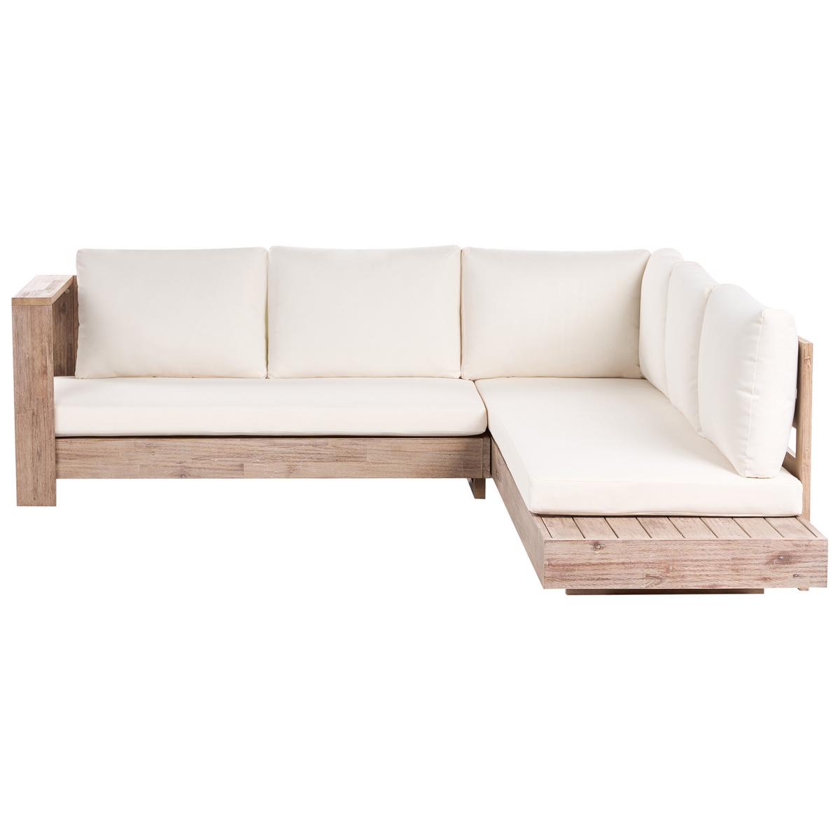 GARTENECKSOFA 5-Sitzer zertifiziertes Akazienholz rechtsseitig Cremeweiß Marettimo - Hellbraun/Braun, Holz (225/64/212cm) - Beliani
