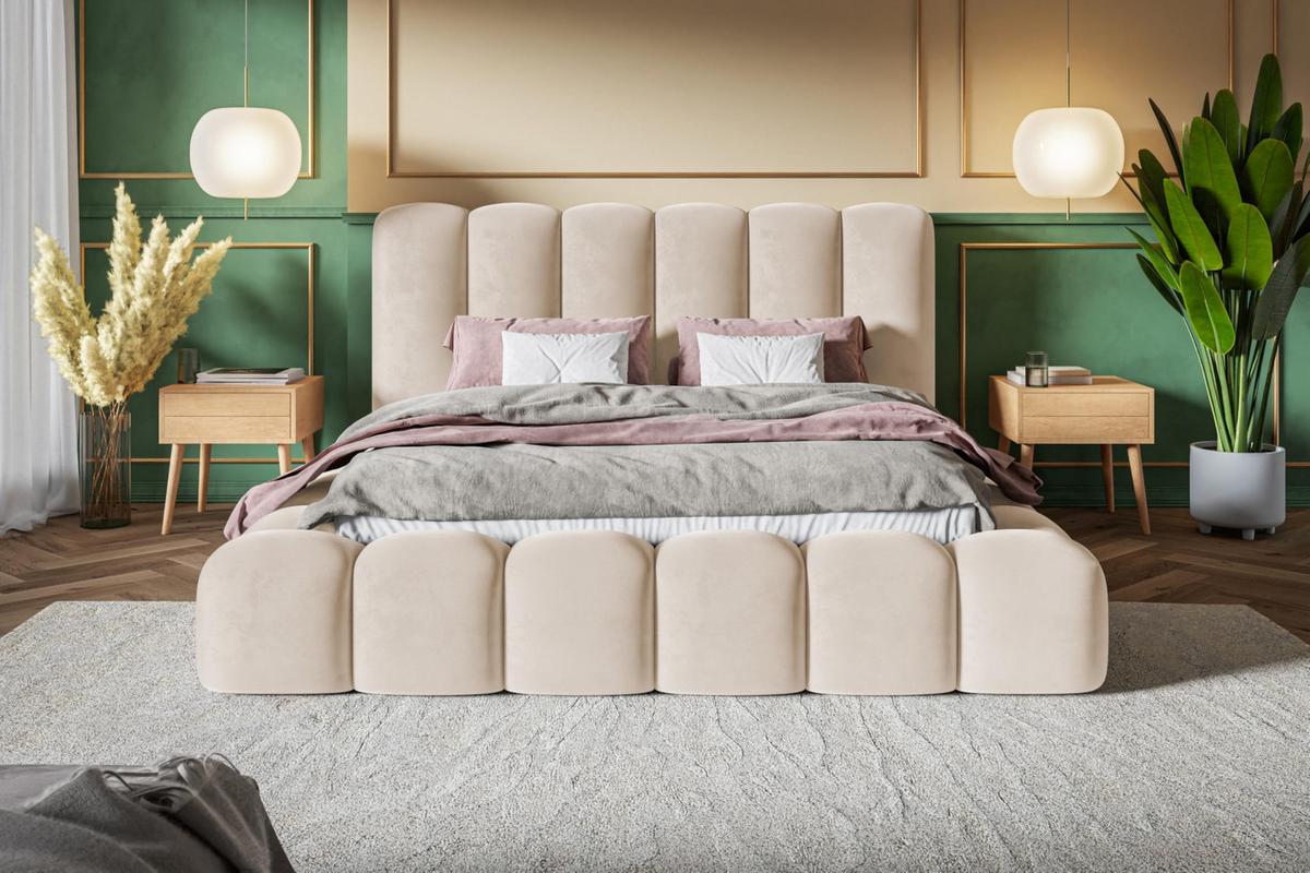 BETT 120x200 - Polsterbett mit Bettkasten und Holzrahmen - Modern Bett - Eleganter Amor-Velvet-Stoff - Kollektion Nora Maxi - Beige - Beige, Holz/Textil (120/200cm) - Alpi-Möbel