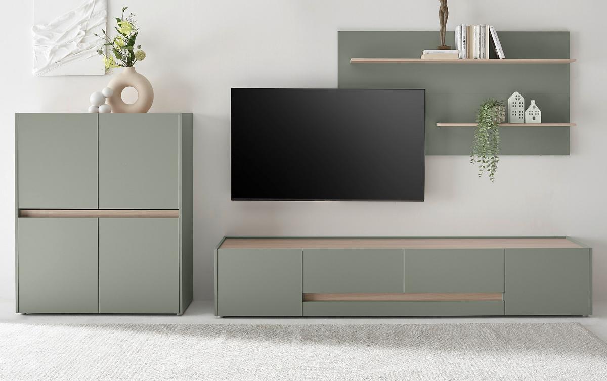WOHNWAND 3-teilig Salbei grün, Barista Eiche 343 cm, Schrankwand in modernem Design - Salbeigrün/Eichefarben, Holzwerkstoff/Kunststoff (343/180/45cm) - Furn.Design