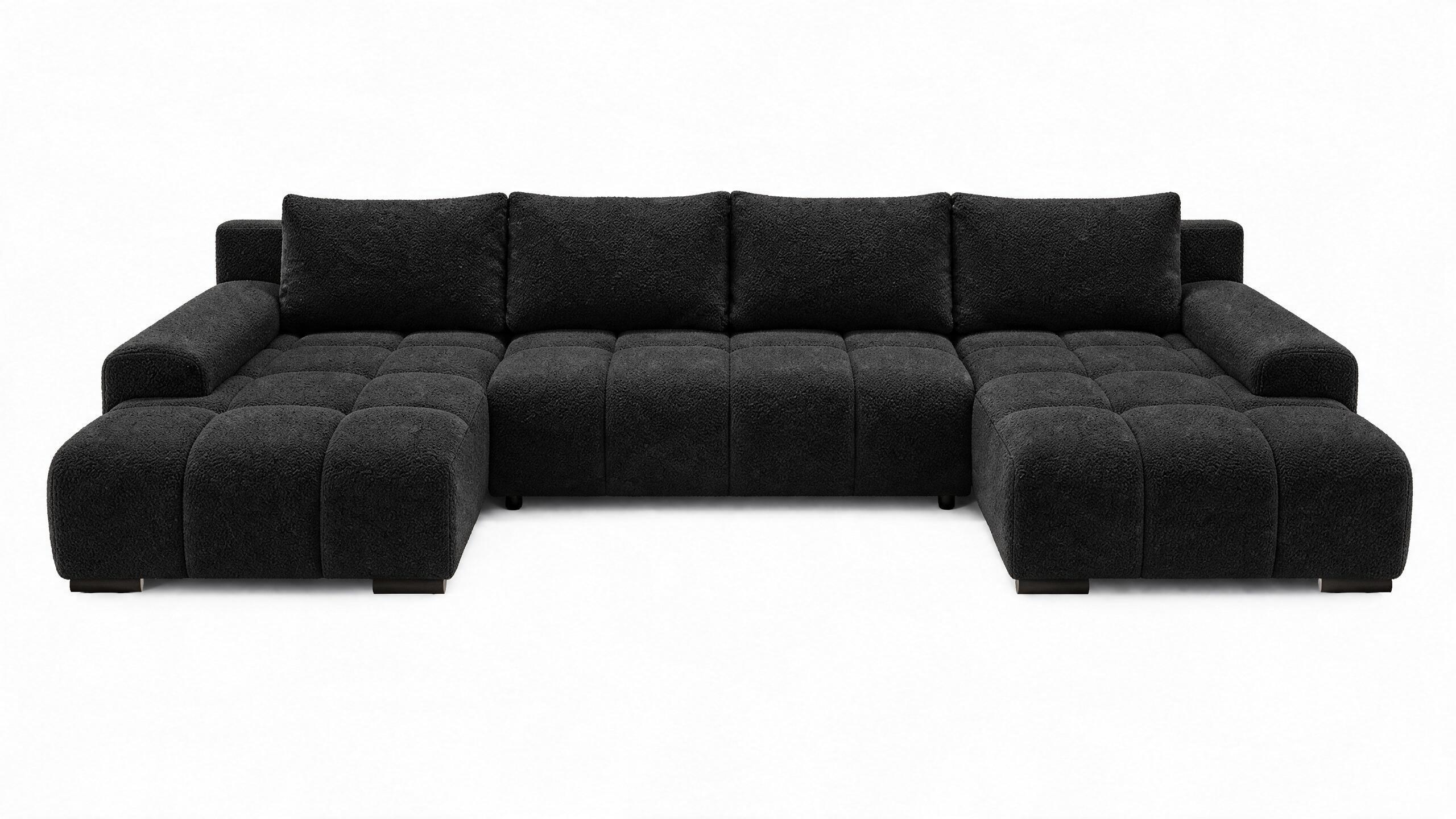 WOHNLANDSCHAFT OVIA U mit Bettkasten und Schlaffunktion, Bouclé-Stoff in U-Form - Schwarz, Textil (350/80/185cm)