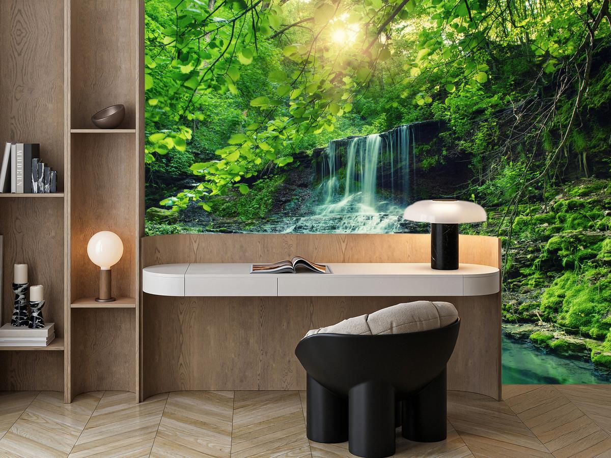 FOTOTAPETE für Schlafzimmer Türkisfarbener Wasserfall Wald Bäume Blätter Felsen 100x70 - Türkis/Blau, Papier (100/70cm) - Muralo