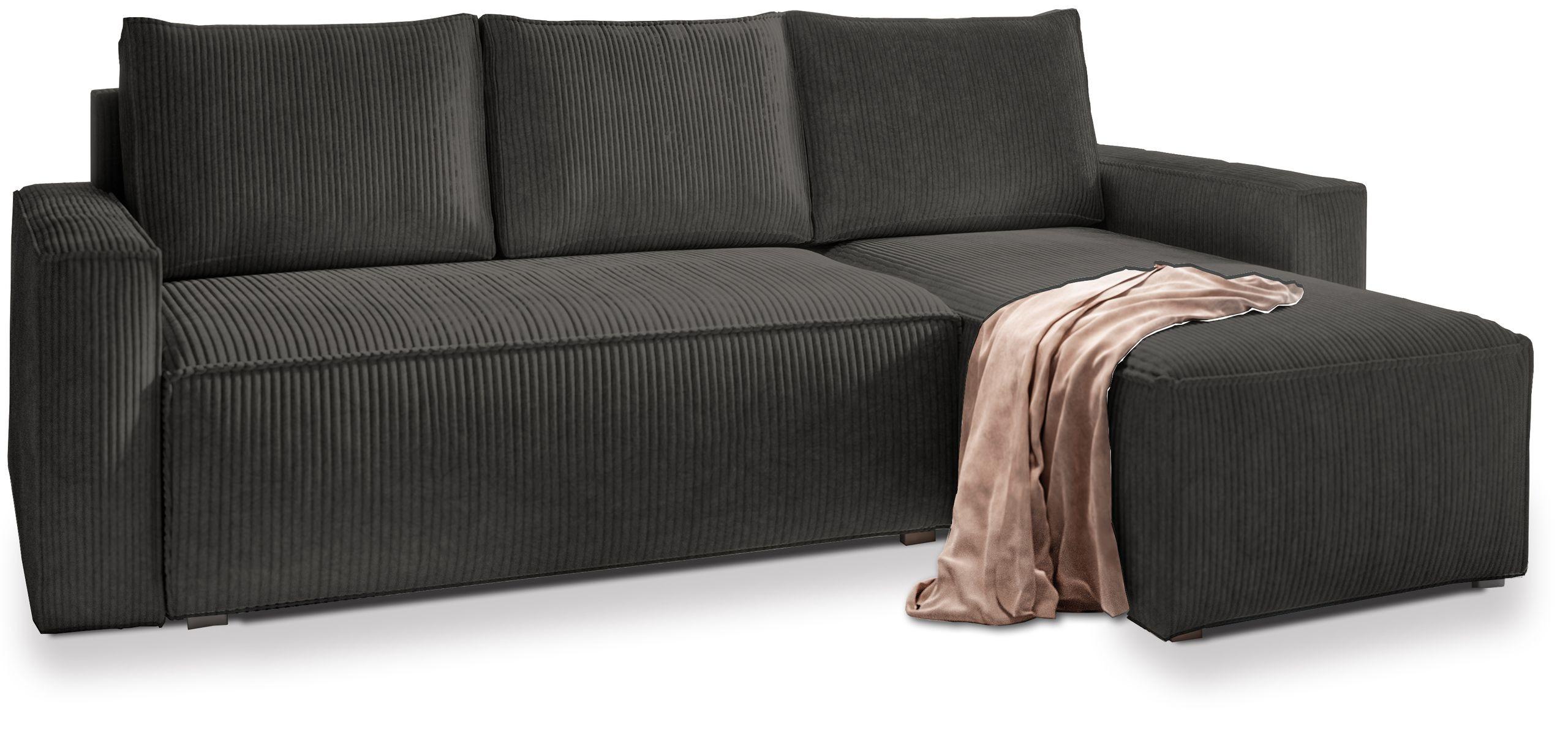 ECKSOFA POTARO Graphitfarben Kordstoff mit Schlaffunktion - Graphitfarben/Grau, Holz/Kunststoff (232/140cm) - MASSENO