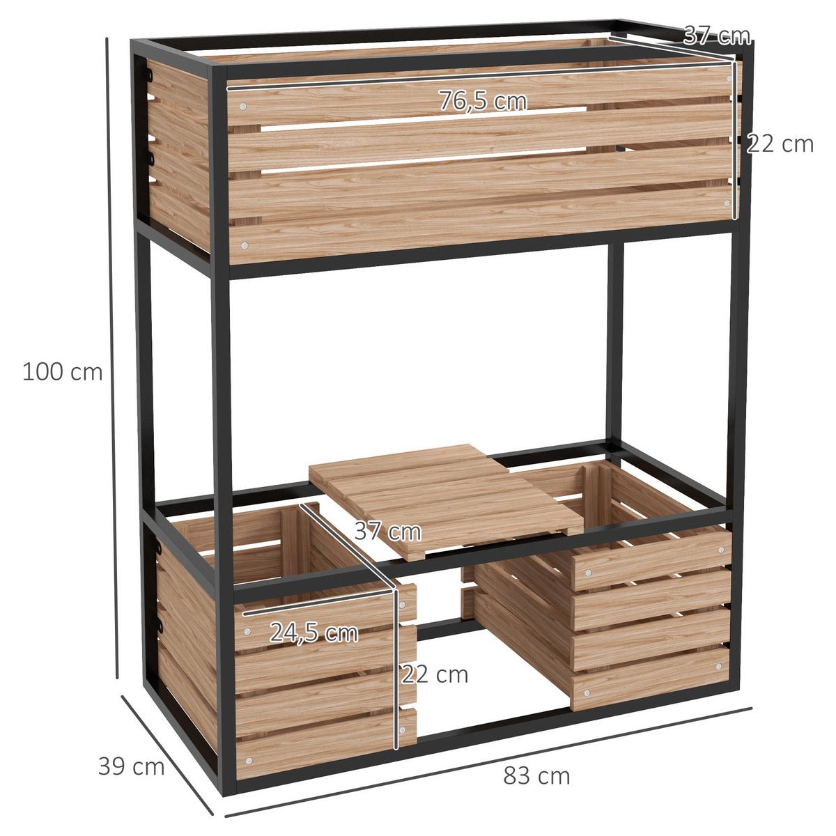 HOCHBEET aus Holz, 2-Stufiger Blumenkasten mit Ablage, für Garten, Balkon, Hellbraun - Braun, Metall (39/100/83cm) - Outsunny