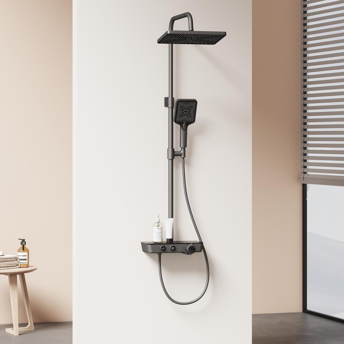 ÜBERKOPFBRAUSESET mit Thermostat, Kopfbrause und 3 Strahlarten Handbrause, Anthrazit, 114,2/30,3/46 cm - Anthrazit, Metall (30.3/114.2/46cm) - EMKE