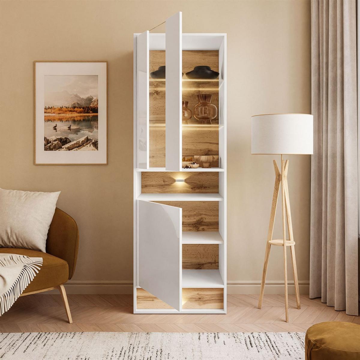VITRINE VILLA II mit Wotan Eicheneinsatz - Eiche Wotan/Weiß, Holzwerkstoff (60/180/40cm) - Lookway
