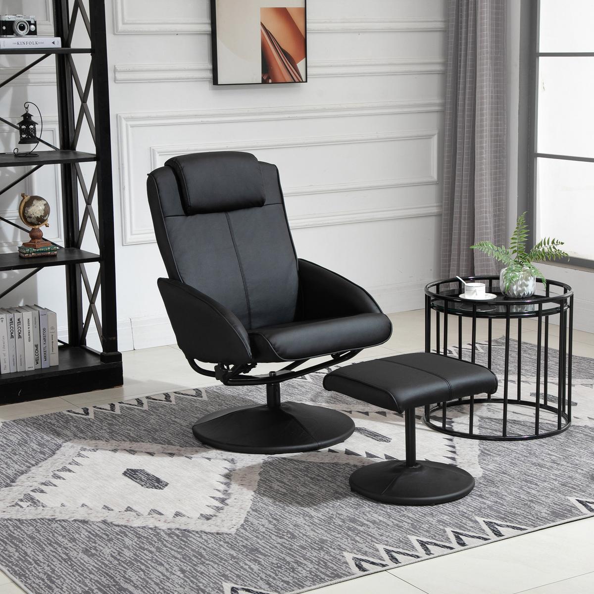 RELAXSESSEL Sessel Fernsehsessel mit Fußstütze Armsessel 360° drehbar Schwarz - Schwarz, Leder/Kunststoff (67/98/78cm) - HOMCOM