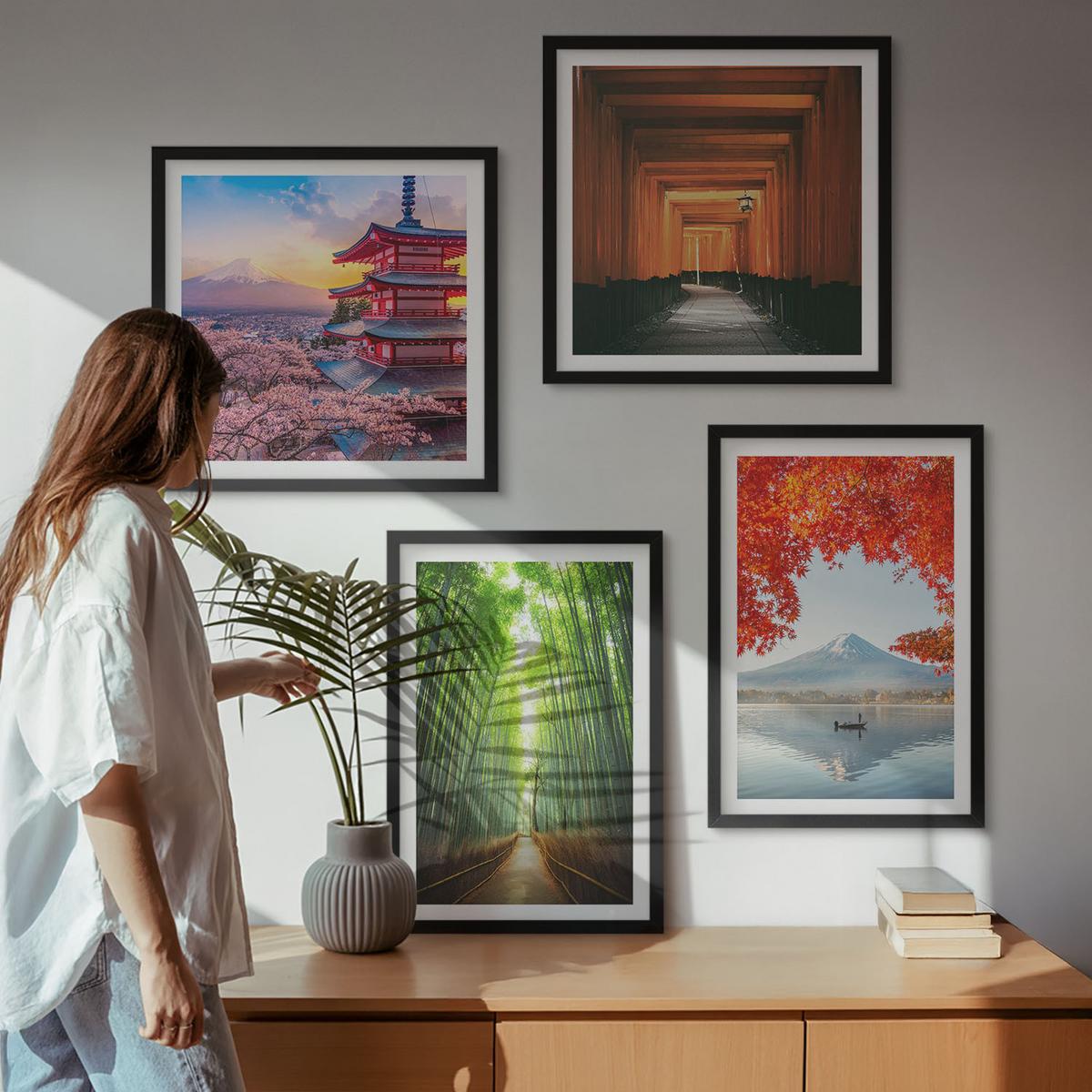 BILDER SET 4er Set - 50x50 cm & 40x60 cm Schwarzer Rahmen - Fuji-Torii-Bambuswald, Japan - Schwarz, Kunststoff (50/50cm) - TULUP