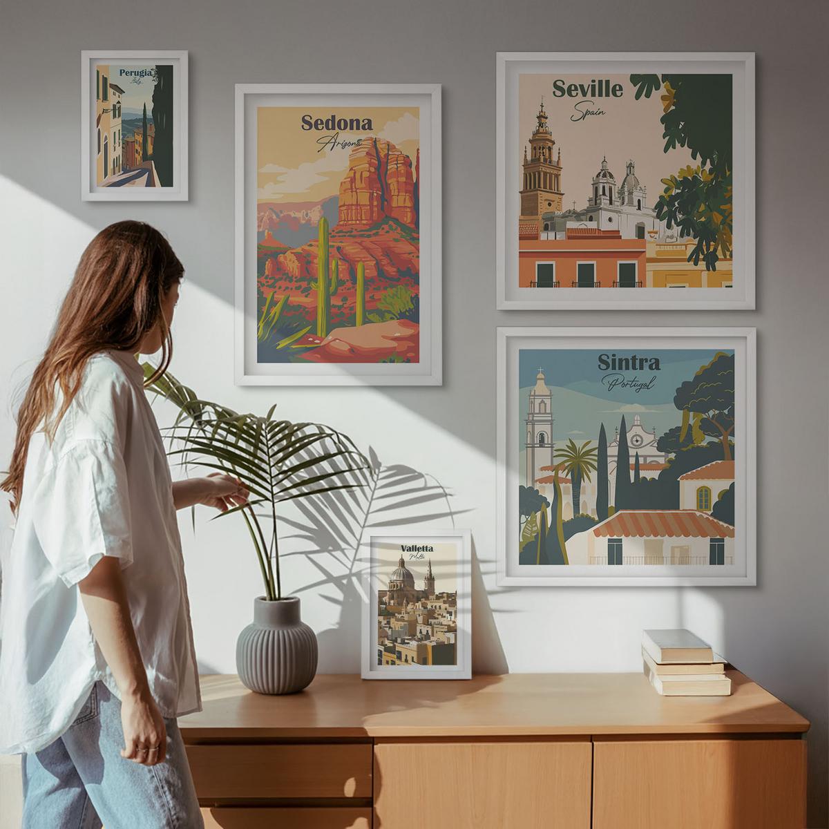 BILDER SET 5er Set - 50x50 cm & 20x30 cm & 40x60 cm Weißer Rahmen - Illustrationen von Küstenstädten - Weiß, Kunststoff (40/60cm) - TULUP
