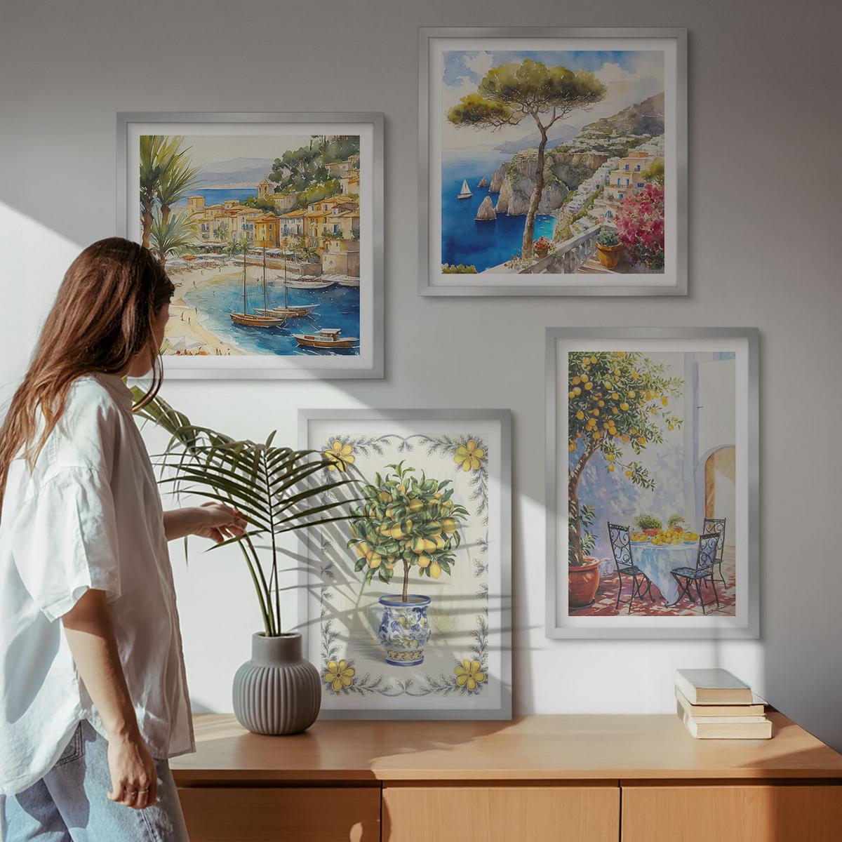 BILDER SET 4er Set - 50x50 cm & 40x60 cm Silberner Rahmen - Blick auf das Meer aus Zitronenbäumen - Silberfarben, Kunststoff (50/50cm) - TULUP