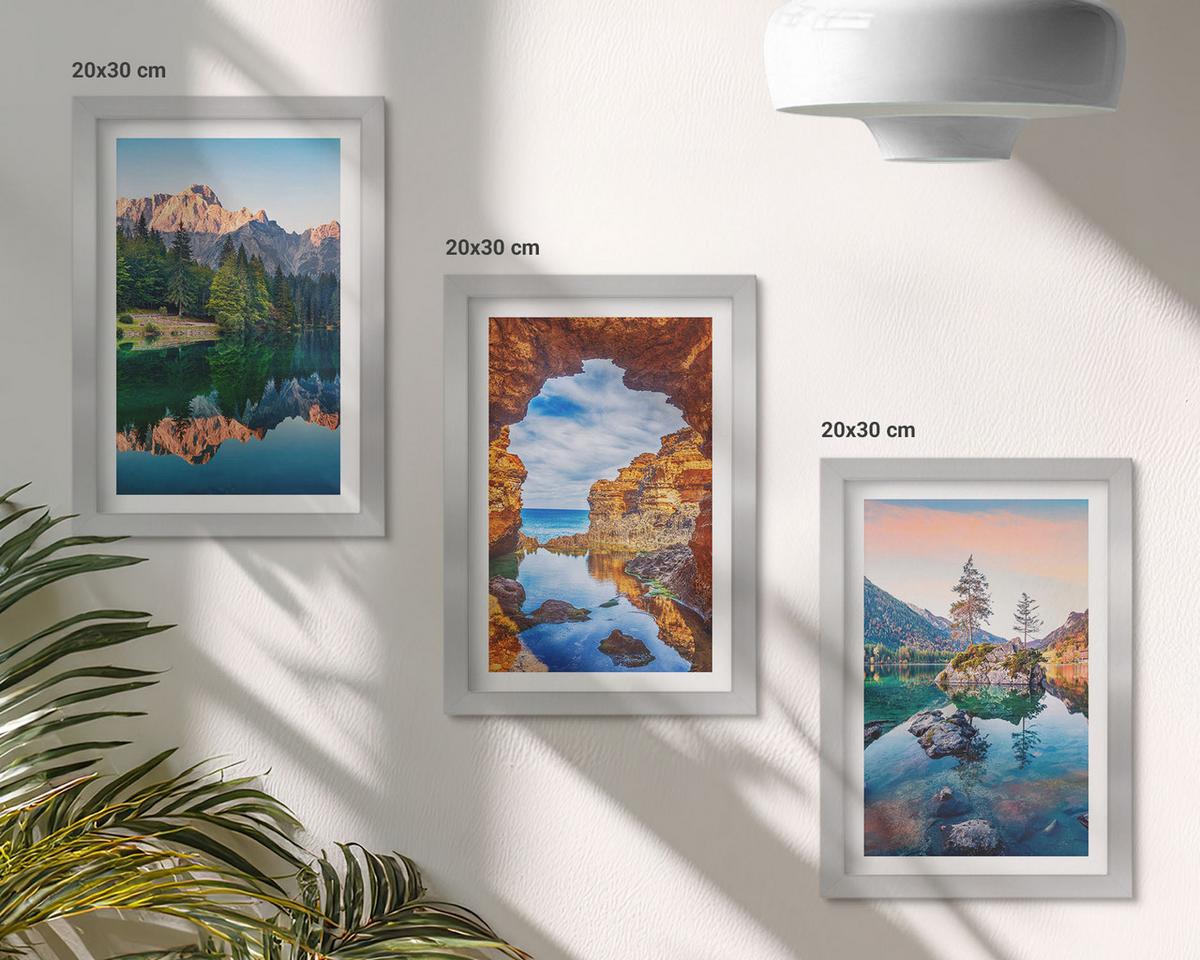 BILDER SET 3er Set - 20x30 cm Silberner Rahmen - Spiegelungen der Felsen in Bergseen - Silberfarben, Kunststoff (20/30cm) - TULUP