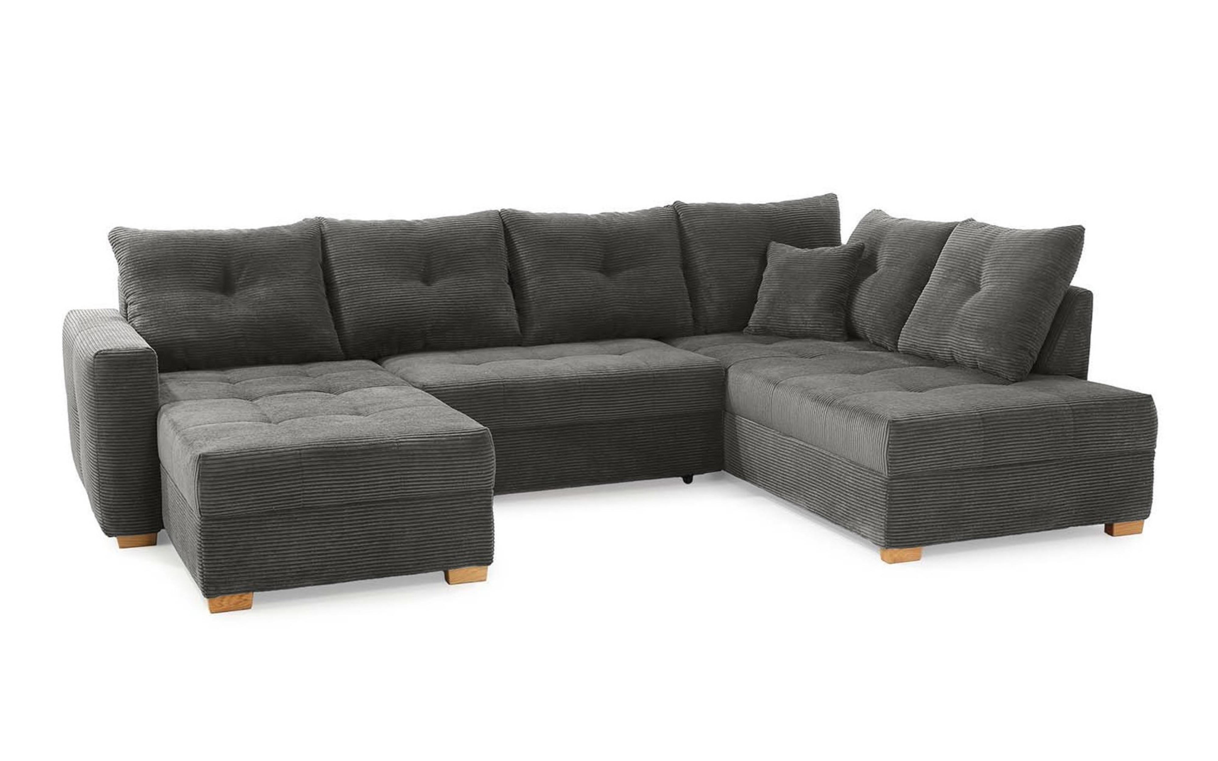 WOHNLANDSCHAFT mit Schlaffunktion und Bettkasten, spiegelverkehrt montierbar U-Form B313/T200/H92 cm, Cord Dunkelgrau / 15220 - Dunkelgrau/Eichefarben, Holz/Textil (313/92/200cm) - luma-home