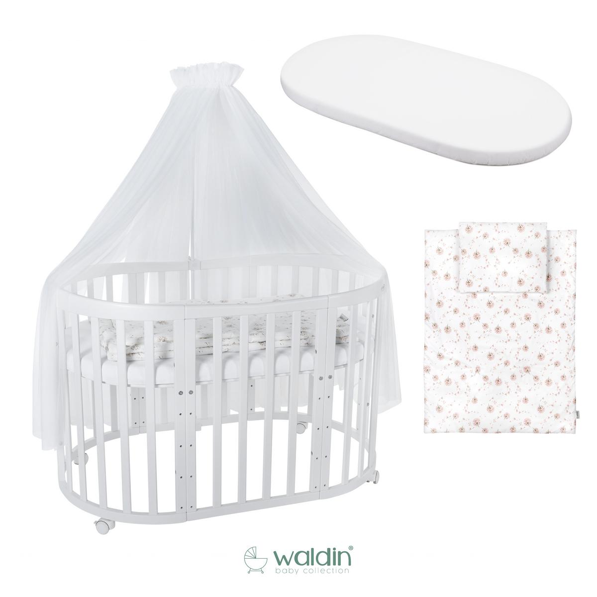 BABYBETT WHITE OVAL 7in1 mit Matratze und Himmelset - Weiß/Braun, Holz/Textil (73/125cm) - waldin