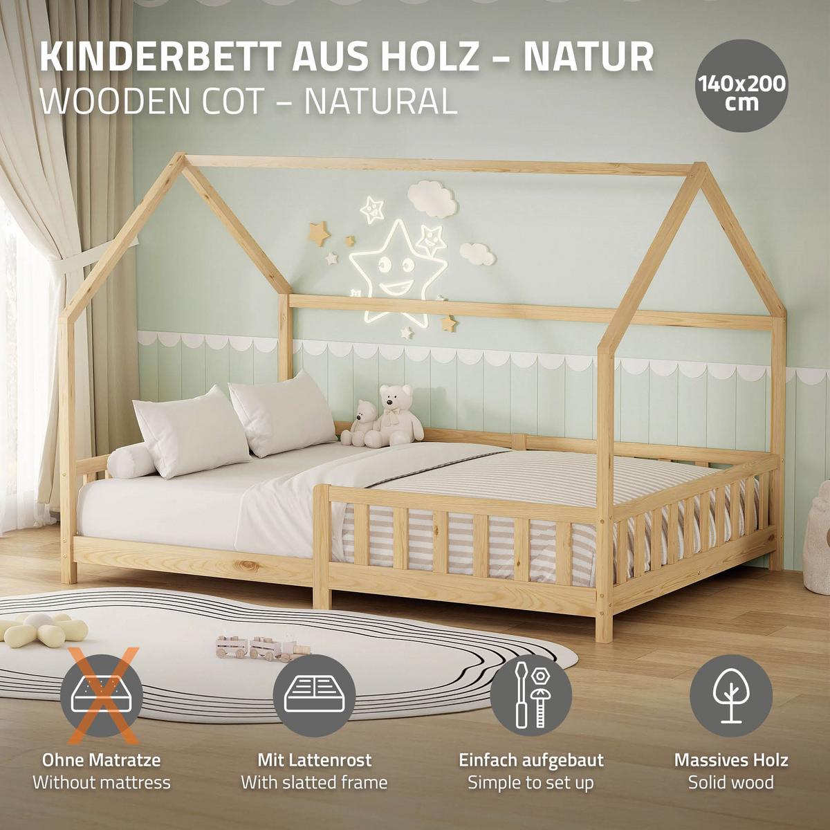 KINDERBETT 140x200 cm mit Rausfallschutz Natur aus Kiefernholz massiv - Naturfarben, Holz (140/200cm) - ML-DESIGN