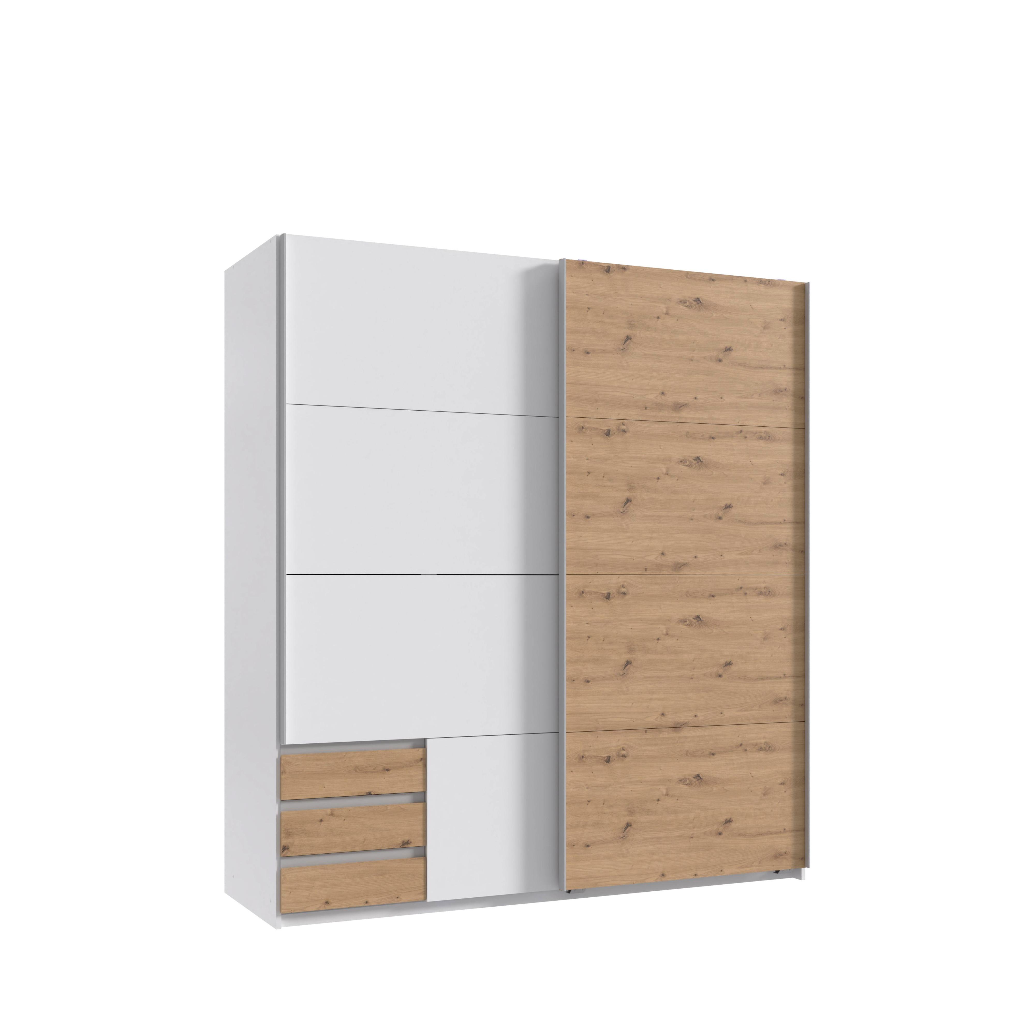SCHWEBETÜRENSCHRANK 2-türig B179/H198/T65 cm, Kleiderschrank in Weiß, 1x Tür & sichtbare Schubkästen in Eiche Artisan Dekor / 22690 - Eichefarben/Alufarben, Holz/Holzwerkstoff (179/198/65cm) - luma-home