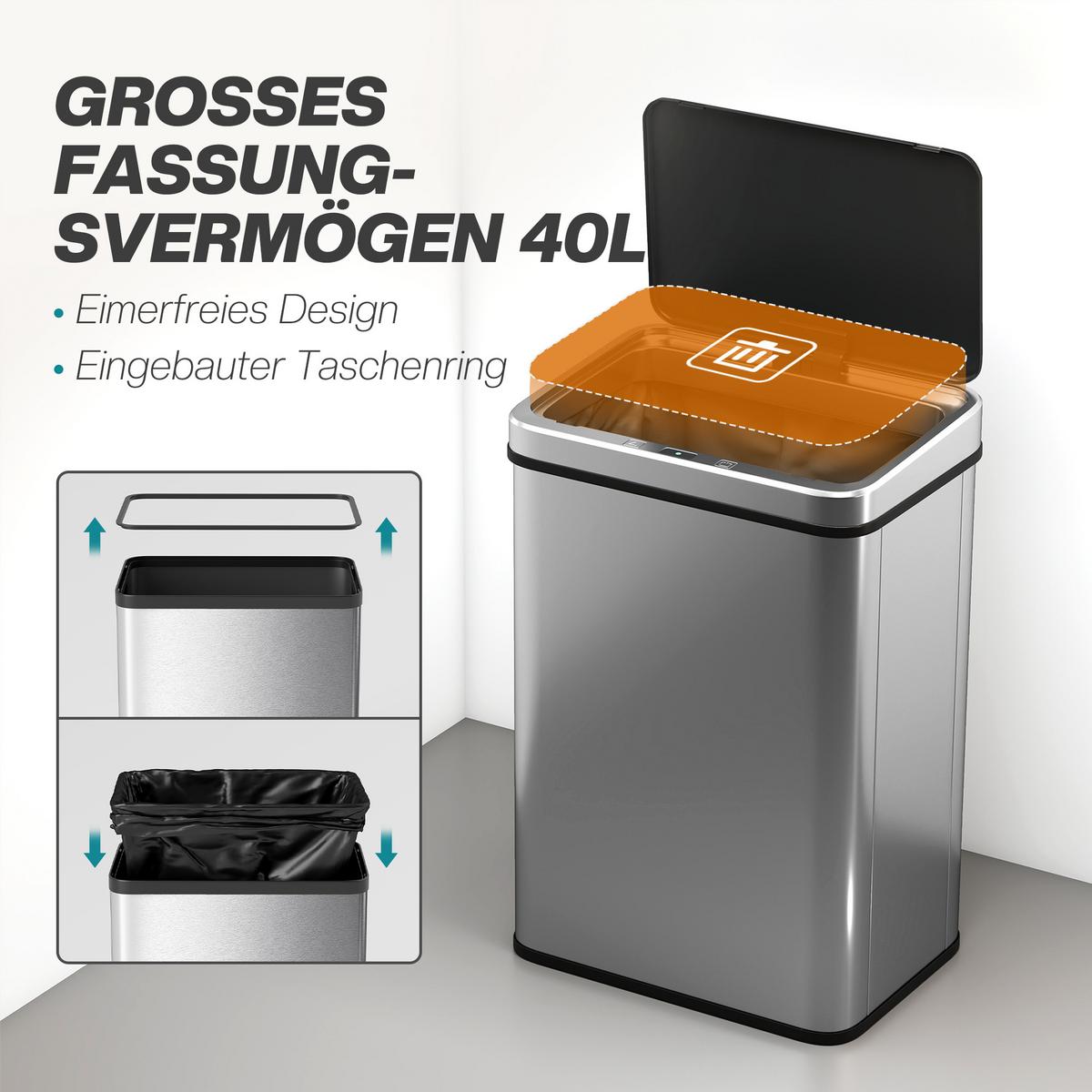 ELEKTRISCHER MÜLLEIMER aus ABS 430-Edelstahl Silber - Silberfarben, Metall (26/55/35.5cm) - HOMCOM