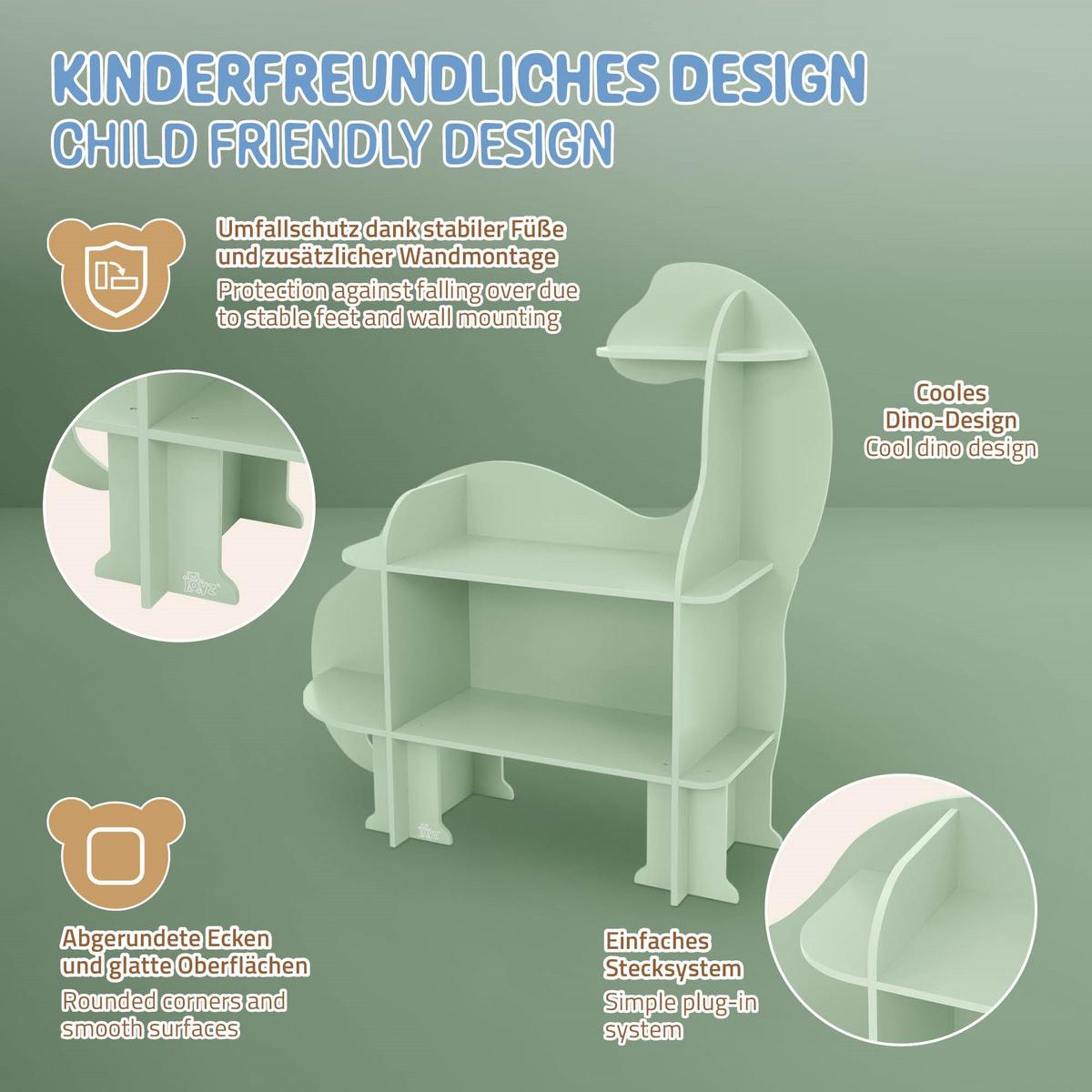 KINDERREGAL Dino 110x31x110 cm aus Holz Grün - Naturfarben, Holz (110/110/31cm) - Joyz