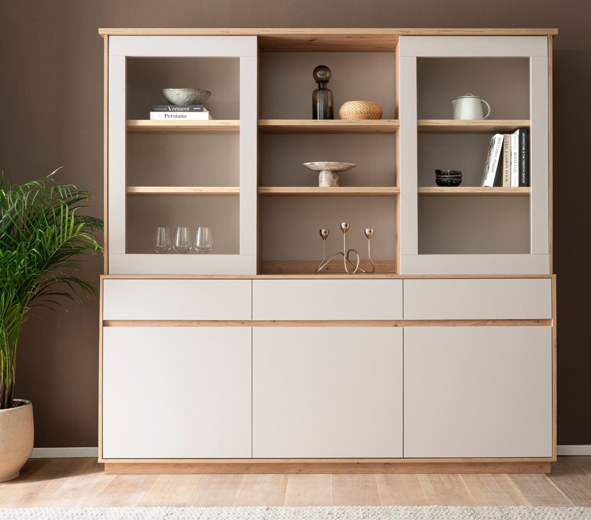 BUFFET Kaschmir, Eiche Artisan 202 x 199 cm, Vitrinenschrank mit Soft-Close - Kaschmir/Eiche Artisan, Glas/Holzwerkstoff (202/199/40cm) - Furn.Design