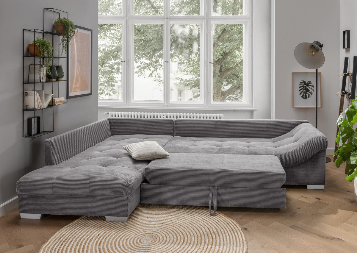 ECKSOFA mit Schlaffunktion, Wellenunterfederung, Ottomane links B298/T202/H84 cm, Liegefl. 154x227 cm, Cord Grau / 17202 - Beige/Silberfarben, Holzwerkstoff/Textil (298/202cm) - luma-home