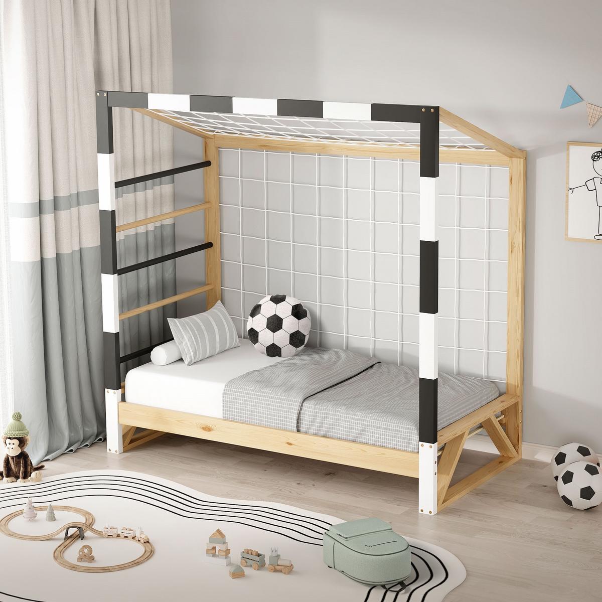 KINDERBETT Fußballtor 70x140 cm Schwarz-Weiß - Hellbraun, Holz (70/150cm) - ML-DESIGN