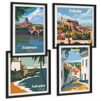 BILDER SET 4er Set - 50x50 cm & 40x60 cm Schwarzer Rahmen - Retro-Stadtgrafiken - Schwarz, Kunststoff (50/50cm) - TULUP