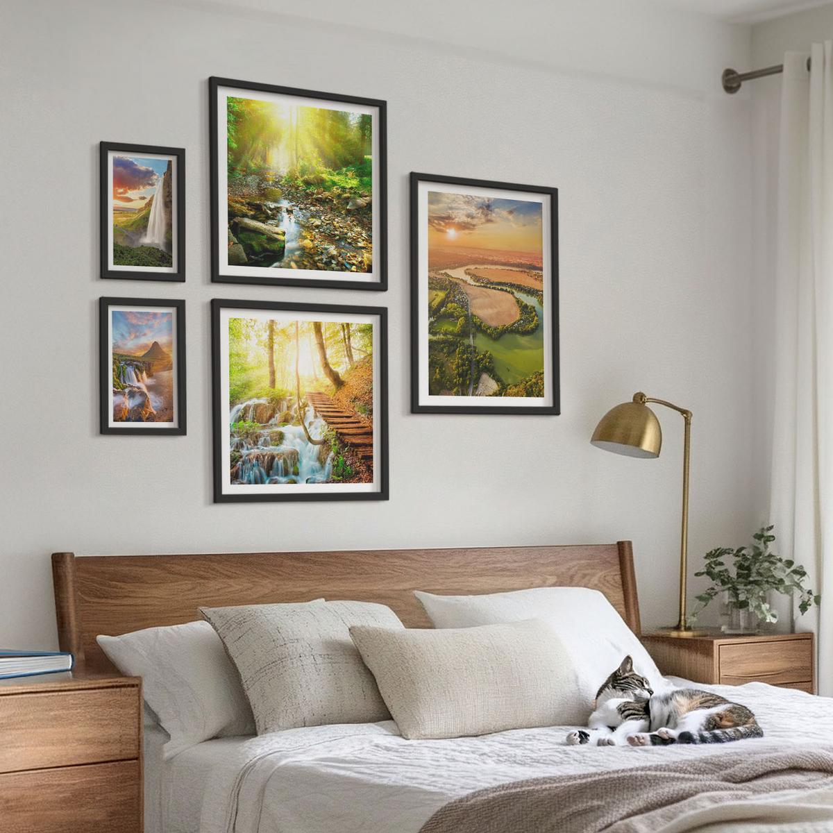 BILDER SET 5er Set - 50x50 cm & 20x30 cm & 40x60 cm Schwarzer Rahmen - Orange Mountain Wasserfall - Schwarz, Kunststoff (40/60cm) - TULUP