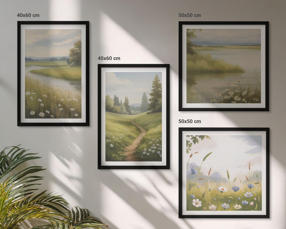 BILDER SET 4er Set - 50x50 cm & 40x60 cm Schwarzer Rahmen - Frühlingslandschaft Flusswiese - Schwarz, Kunststoff (50/50cm) - TULUP