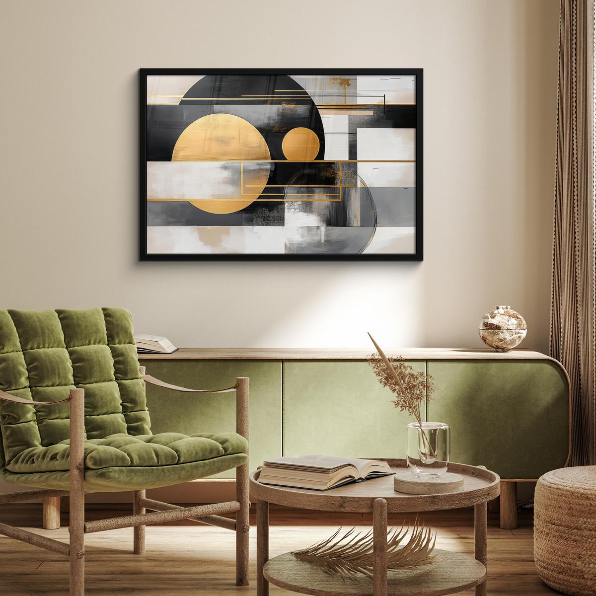 POSTER MIT RAHMENGERAHMTES BILD Abstrakt - Gold - Silber - Formen - Ästhetisch - Modern 90x60 cm - Goldfarben, Papier (90/60cm) - MuchoWow