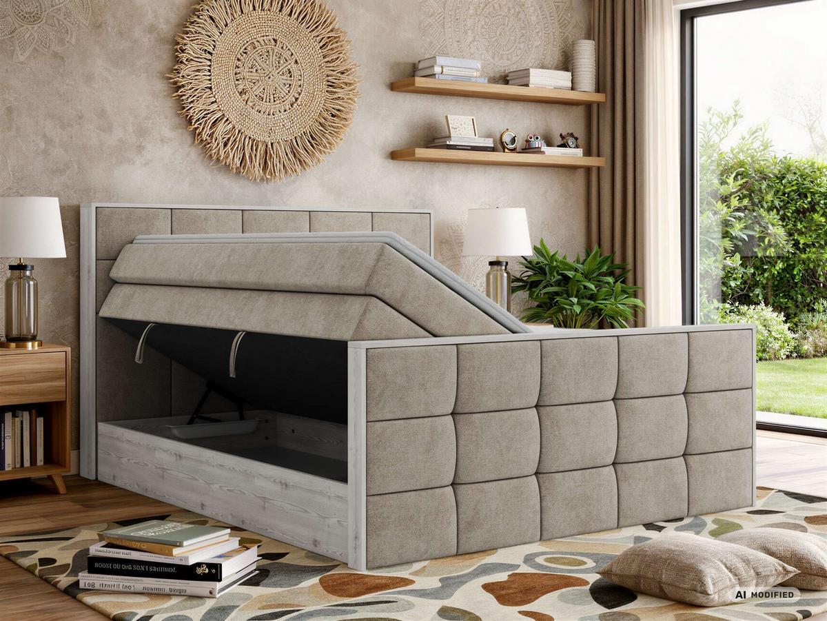 BOXSPRINGBETT ALNOR KING DUO 140/200 - Greige Stukture - Topper Visco - H3 - Greige/Schwarz, Kunststoff/Textil (140/200cm) - MKS