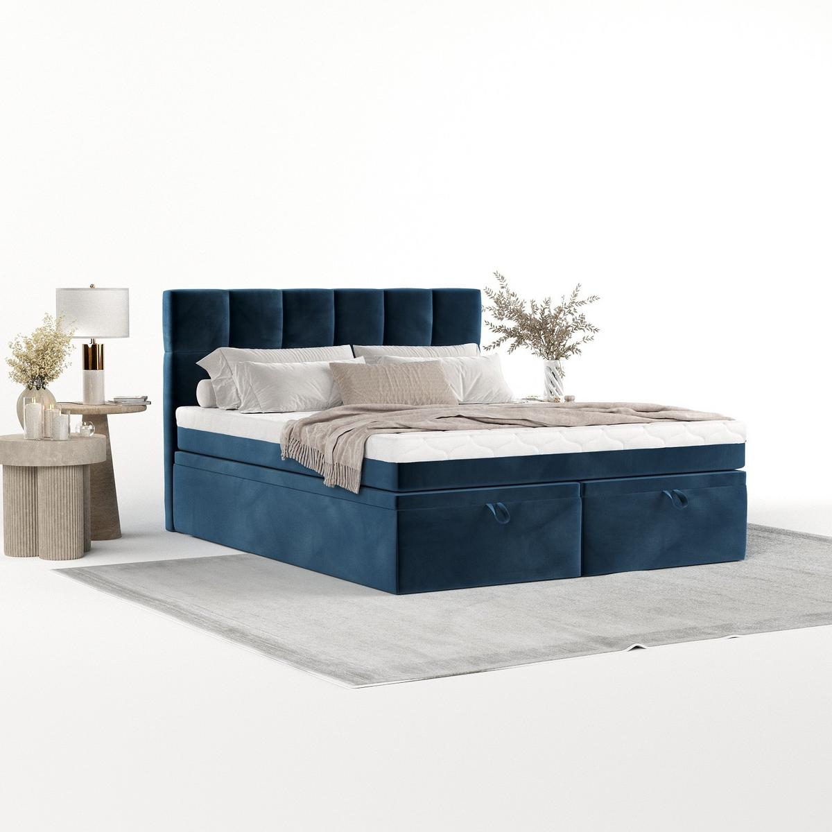 BOXBETT Elano 140/200 cm Dunkelblau im Kronos Stoff - Schwarz/Dunkelblau, Holz/Holzwerkstoff (140/200cm) - AltaBeds