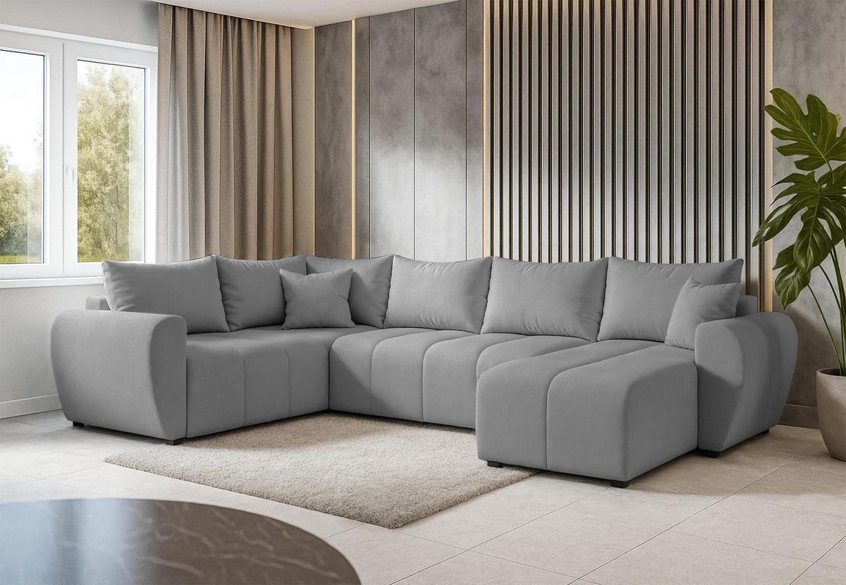 WOHNLANDSCHAFT Malatya U Form MAX Hellgrau 311/145/80 cm mit Schlaffunktion - Hellgrau/Schwarz, Kunststoff/Textil (303/80/208cm) - AX Living