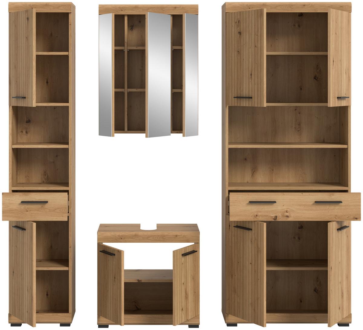 BADMÖBEL-SET Eiche Artisan 200 x 191 cm 4-teilig, Komplettset mit viel Stauraum - Schwarz/Eiche Artisan, Glas/Holzwerkstoff (201/191/34cm) - Inn.Furn