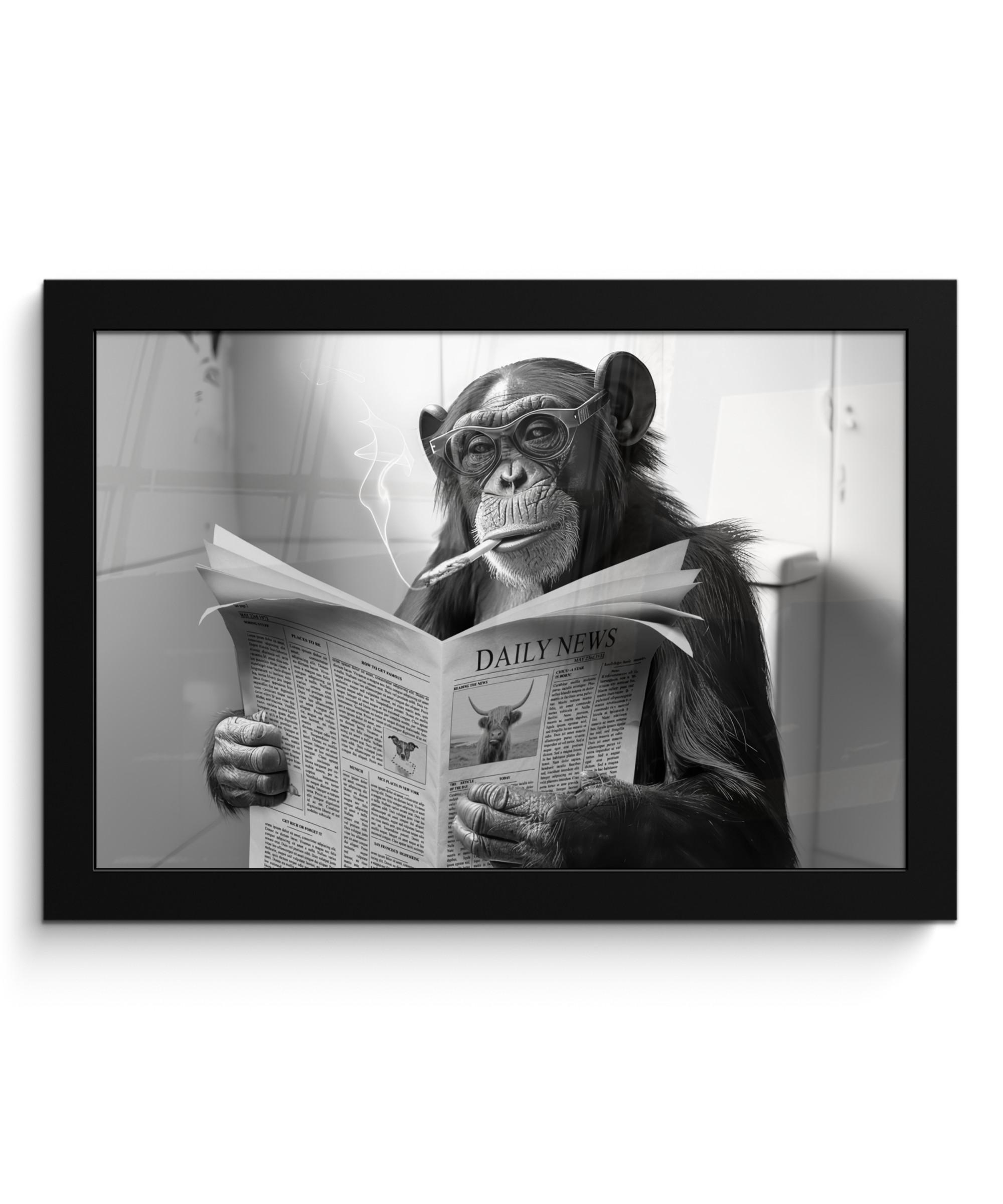 POSTER MIT RAHMEN Affe - WC - Zeitung - Schwarz-Weiß - Humor 30x20 cm - Hellgrau, Papier (30/20cm) - MuchoWow