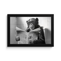 POSTER MIT RAHMENGERAHMTES BILD Affe - WC - Zeitung - Schwarz-Weiß - Humor 30x20 cm - Hellgrau, Papier (30/20cm) - MuchoWow